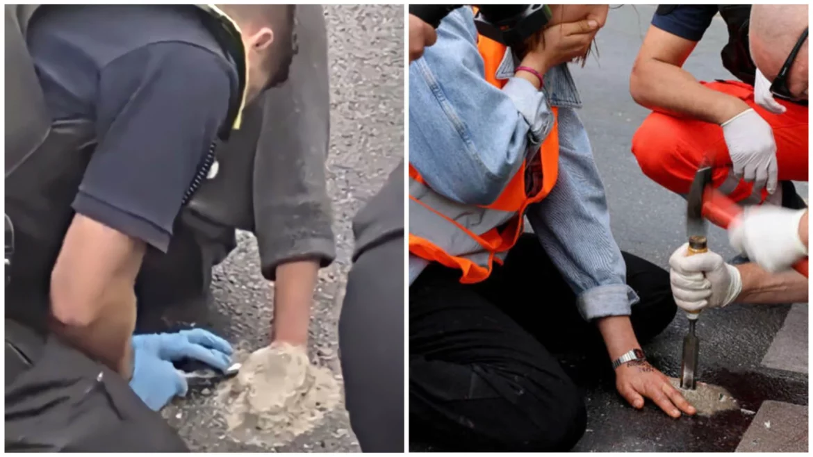 Berlín: Klimatická idiotka si na silnici zabetonovala ruku, policie ji musela vysekat (video)5 (14)